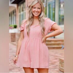 Chic Soul Peach Puff Sleeve Smocked Back Gauzy Gauze Romper 2X Party Event